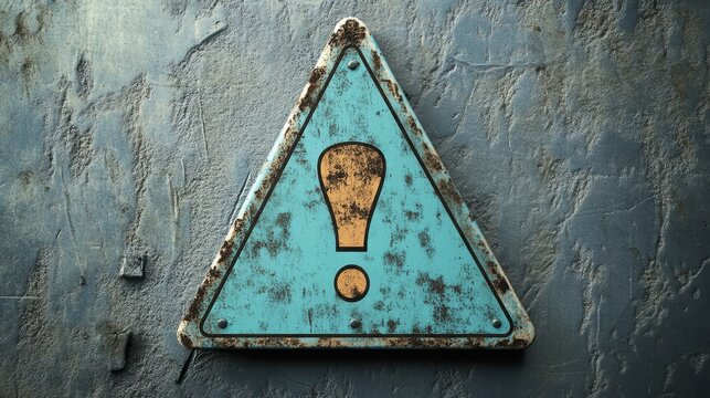 Weathered triangular warning sign with exclamation mark on grunge background.