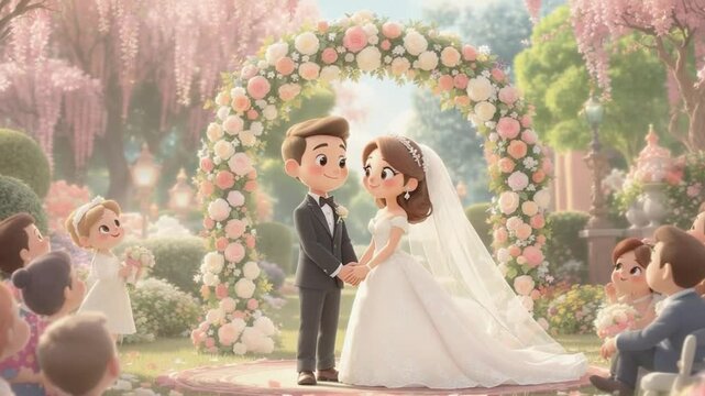 Cartoon Wedding Scene with Characters in Garden Ceremony