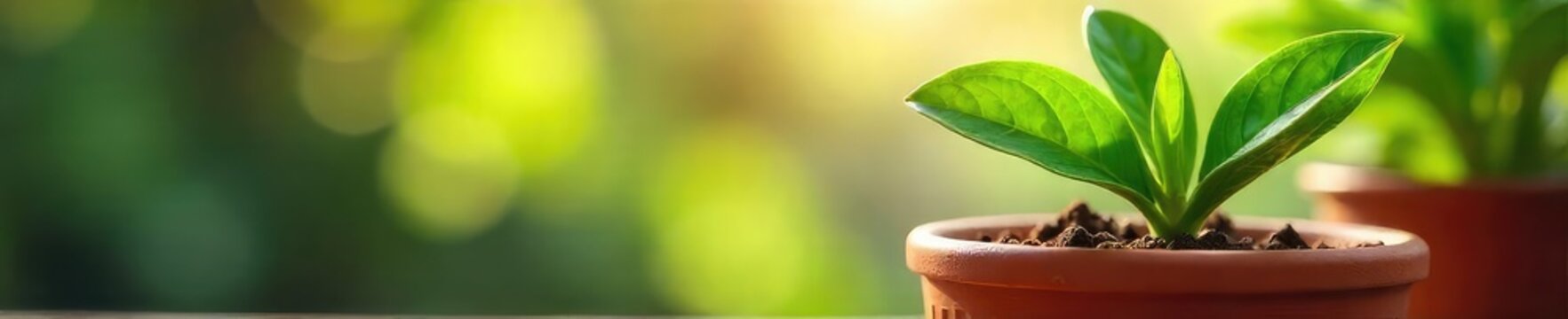 Fototapeta A vibrant green potted plant thrives in a terracotta pot, its lush leaves reaching towards the sunlight Perfect for home decor, gardening, and springtime themes , organic, houseplant, flora