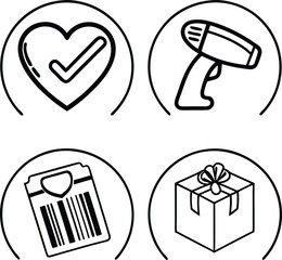 "Set of Modern Line Icons Featuring Heart Checkmark, Barcode Clipboard, Gift Box, and Hair Dryer"
