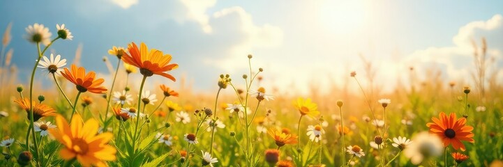Fototapeta premium A vibrant sunlit field of wildflowers swaying gently in the breeze, embodying joy and carefree bliss Perfect for concepts of optimism, well-being, and summer happiness , red, bliss, joyful