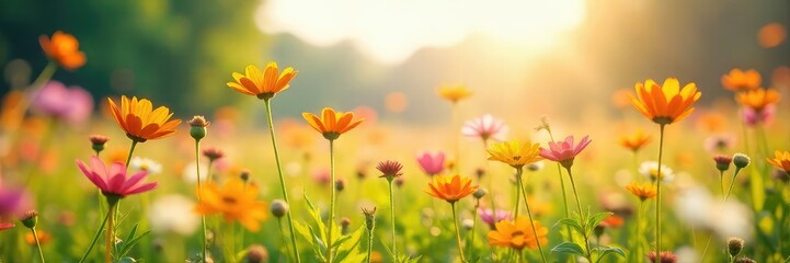 Fototapeta premium A vibrant sunlit field of wildflowers swaying gently in the breeze, embodying joy and carefree bliss Perfect for concepts of optimism, well-being, and summer happiness , botany, peace
