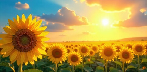Obraz premium A vibrant sun shines on a field of sunflowers, creating a scene of idyllic joy and summer bliss Perfect for illustrating themes of positivity, optimism, and carefree happiness , light, golden, energy