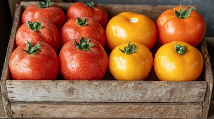 Red and yellow tomatoes in a rustic wooden crate