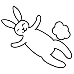 Cute cartoon bunny rabbit with fluffy tail jumping joyfully with eyes closed