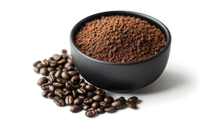 Instant granulated coffee in a black ceramic dish beside coffee beans isolated