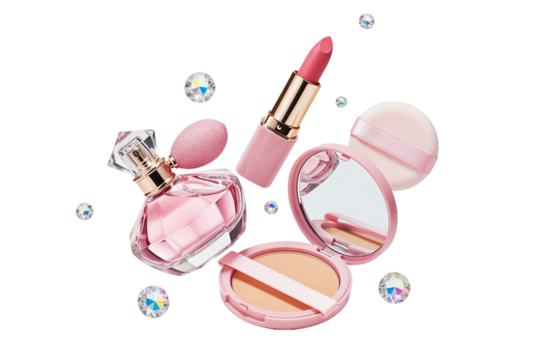 A stylish collection of pink perfume, lipstick, and face powder, adorned with sparkling gems, floats elegantly, isolated on transparent background
