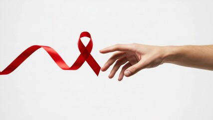 A conceptual video focusing on hands reaching towards the Aids awareness red ribbon for social - Powered by Adobe