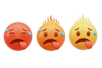 Three 3d rendered emojis showing different levels of heat and sweating, isolated on transparent background