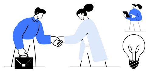 Businesspeople shaking hands, person reading a clipboard, lightbulb symbolizing ideas. Ideal for business, partnership, agreement, innovation, collaboration, teamwork simple landing page