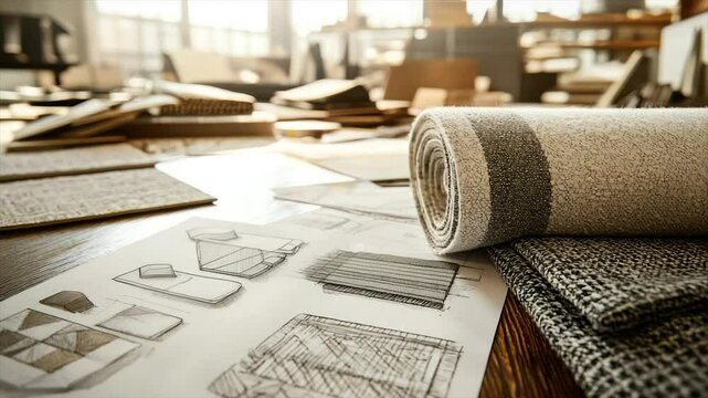 Rolled fabric samples & design sketches on a table