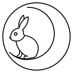Minimalist outline of a rabbit sitting on a crescent moon inside a circle