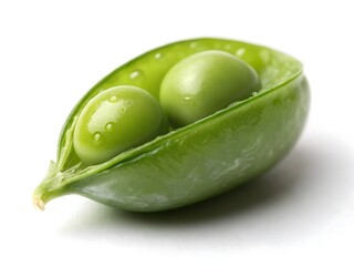 Fresh green pea pod displaying two peas with water droplets on a clean white background