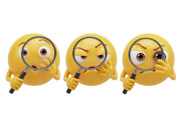 Three 3d emojis using magnifying glasses with various expressions, isolated on transparent background