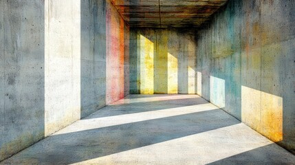 Colorful shadows in a concrete interior space.