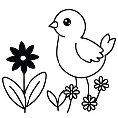 Cute cartoon chick standing among flowers in a simple line drawing style