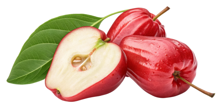 Rose Apple Composition Two Whole and One Halved Rose Apples with Leaf, Isolated on Transparent Background, Rose apple, fruit, food
