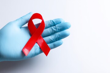 Blue-gloved hand holding a red HIV/AIDS awareness ribbon on white background, symbolizing medical compassion, healthcare advocacy, prevention, solidarity, and clinical responsibility for awareness cam