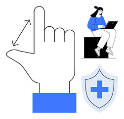 Hand gesture indicating movement, a person using a laptop, and a shield with a cross icon. Ideal for healthcare, technology, insurance, safety, online services telemedicine user interface. Simple