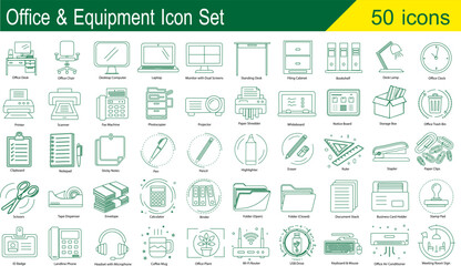 50 Office and Equipment Icons. Editable icon set. Flat Vector Icon Set for Business, Workplace, Presentation, App and Web Design.