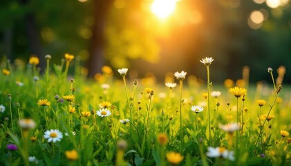 Obraz premium Golden hour sunlight bathes vibrant summer foliage, illuminating lush green leaves and wildflowers in a sun-drenched meadow Perfect for summer, nature, and travel themes , nature, bloom, vibrant