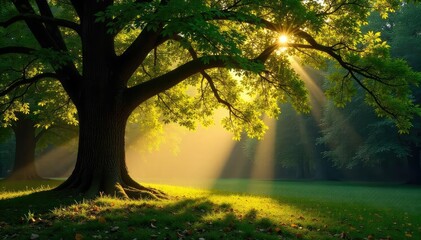 Obraz premium Golden sunlight filters through the leaves of a majestic beech tree, illuminating the forest floor in dappled light A peaceful, idyllic scene perfect for nature lovers , organic, idyllic