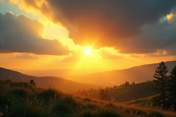 Obraz premium Golden sunlight streams through gaps in clouds, illuminating a landscape with a warm, radiant glow Perfect for nature, weather, and energy themes , day, power, daylight