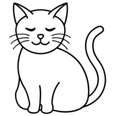 Simple black and white line drawing of a content cat sitting with closed eyes