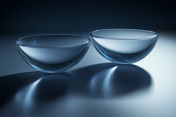 Elegant clear glass bowls reflect soft blue light. Modern abstract design creating beautiful shadows and highlights.