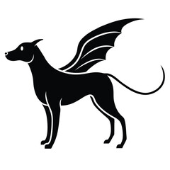 Stylized black silhouette of a dog with large bat like wings