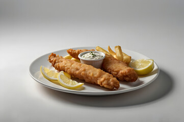 Top view of classic fish and chips with tartar sauce, ketchup, and lemon wedges on white plate. Minimalist British food styling on clean white background with soft lighting and fork beside.