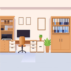 A modern home office setup with bookshelves and a computer desk © Mariam