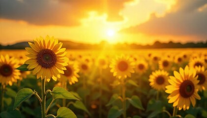 Obraz premium Radiant sun illuminates a field of golden sunflowers, bathed in a holy, ethereal glow The vibrant yellow evokes feelings of peace and spiritual connection , golden hour, gold, tranquil