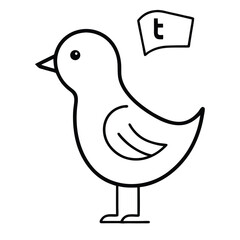 Simple black and white outline drawing of a bird with a speech bubble containing the letter t
