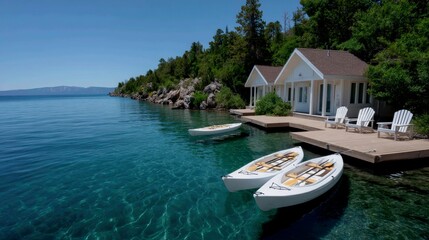 Fototapeta premium Cabins float on a pristine lake, using algae-based cleaning products and biodegradable waste systems
