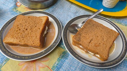 Viral Dubai chai toast trending on internet, freshly made with bread filled with malai milk cream,...