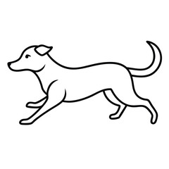 Simple black line drawing of a dog running happily on a white background