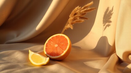 Citrus and dried grass on beige fabric with warm sunset shadows