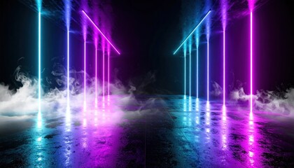 Mystical portal with radiant vertical lines and ethereal fog in a dark hall