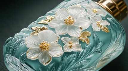 Ornate teal glass container embellished with white flowers and gold accents.
