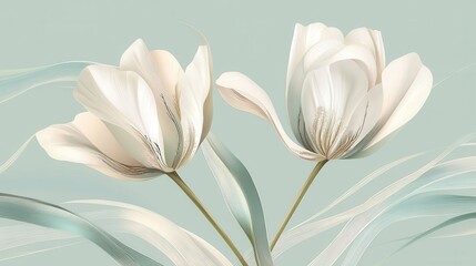 Fototapeta premium Two delicate, light beige tulips on a mint green background.