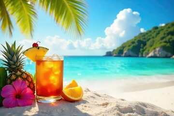 Sun-drenched beach scene with a glass of amber rum, tropical fruits, and vibrant flowers Perfect for summer cocktails, vacation, and tropical vibes , beach, palm trees