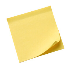 A single blank yellow sticky post-it note with a curled edge for reminders isolated on a transparent background png
