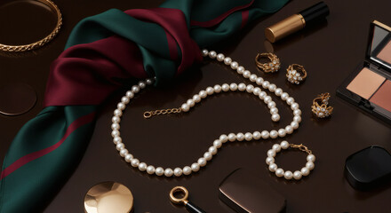 Elegant Pearl Necklace and Gold Jewelry with Silk Scarf and Makeup Flat Lay