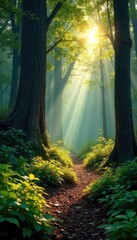 Obraz premium Sunlight dapples the forest floor, illuminating ancient trees and lush undergrowth in a remote wilderness A sense of peace and untouched nature pervades the scene , trees, woodland, ferns