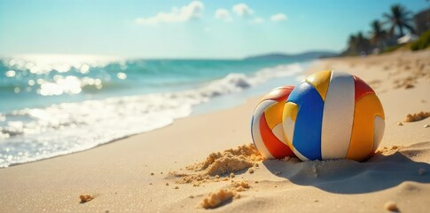 Two beach volleyballs rest on sun-drenched sand, ocean waves gently lapping the shore in the background Perfect for summer, vacation, and sport themes , volleyball, golden