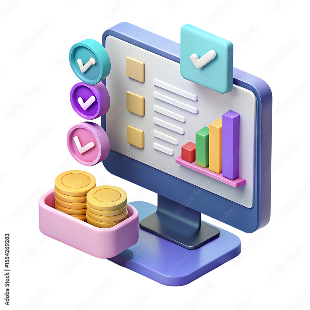 Poster 3d isometric computer with checklist and coins isolated on transparent background