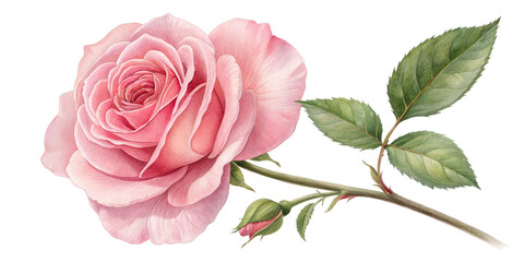 Fototapeta premium Watercolor Pink Rose, Stem, Leaves, Isolated on Transparent Background, Floral, Botanical Illustration, Rose Clipart