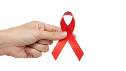 Symbolic red ribbon in hand representing hiv awareness and solidarity against aids medical issues - Powered by Adobe