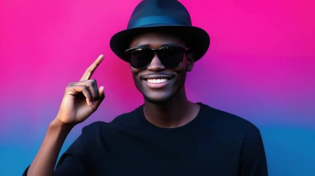 A man wearing a black fedora and sunglasses, against a vibrant pink-to-blue gradient backdrop